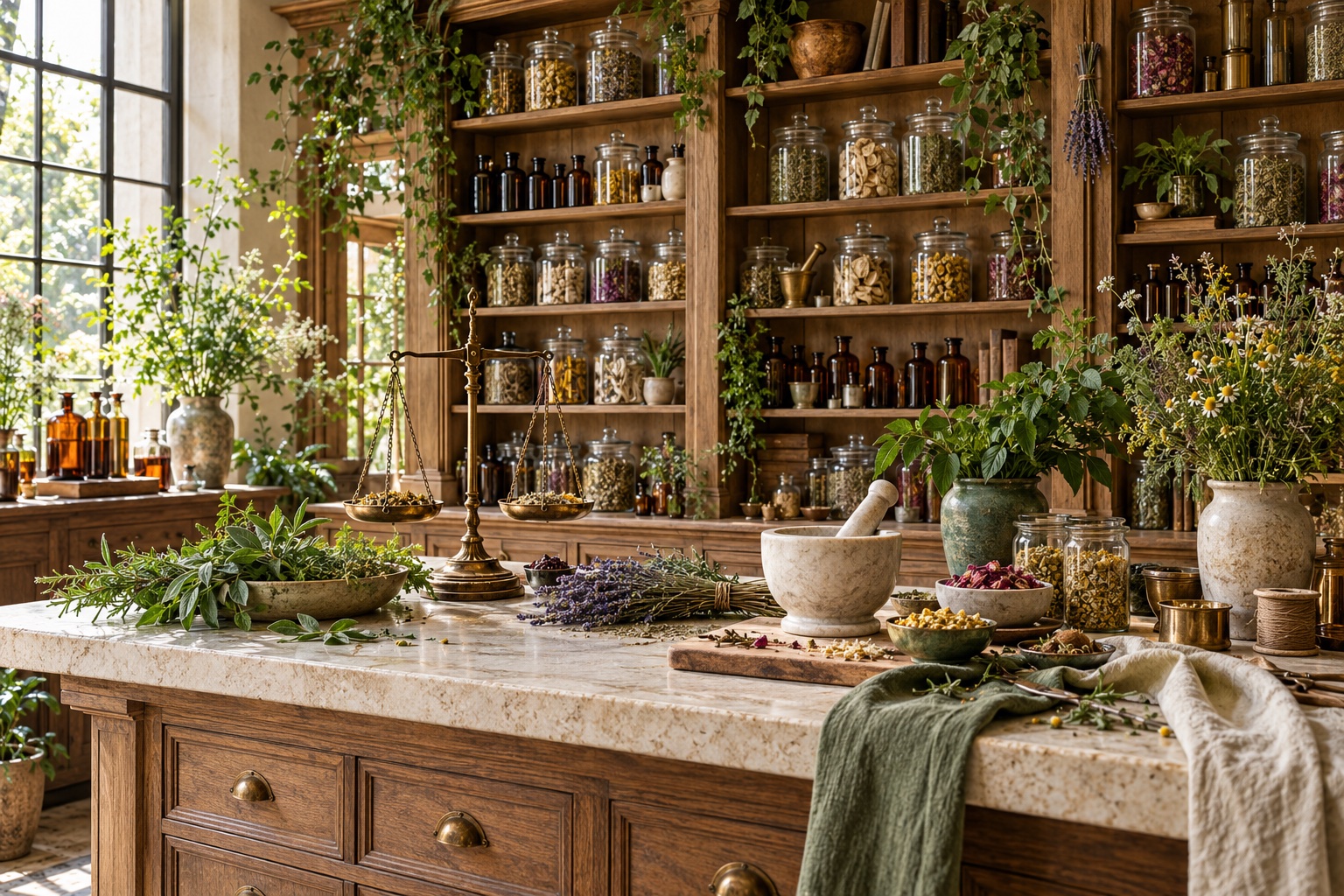 An illustrative sunlit apothecary filled with botanical jars, amber bottles, herbs, and traditional tools