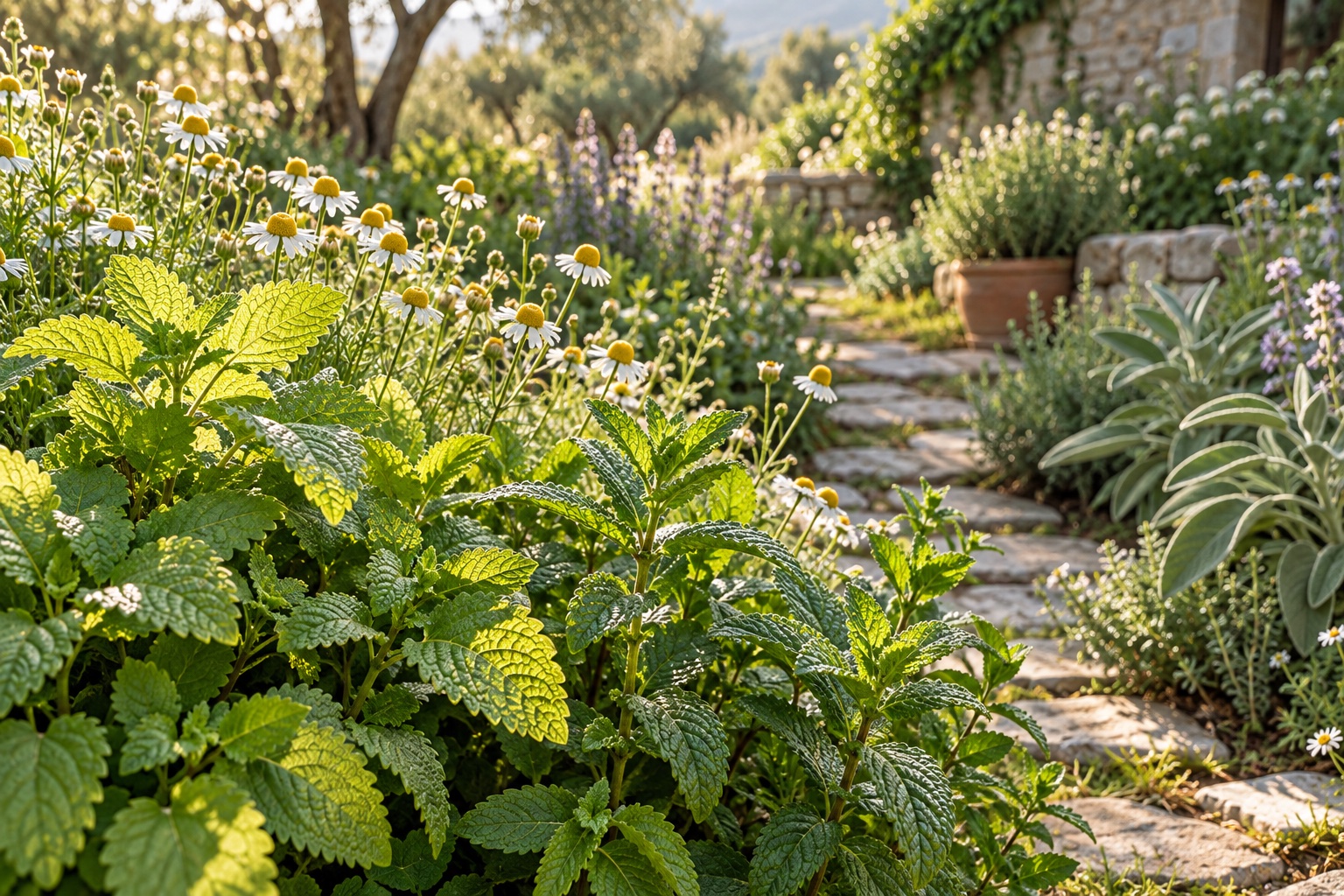 Sunlight across an abundant green herb garden with delicate flowers and a stone path